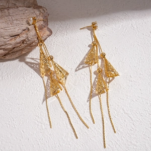 18K gold plated long tassel earrings with diamond accents and hollow cone charms