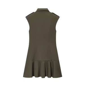 Sleeveless olive green dress featuring shoulder epaulets and a pleated ruffle hem