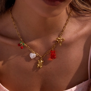 Stainless Steel Gold Plated Necklace With Gummy Bear Cherry Bow Heart Pendants For Women Fashion Jewelry