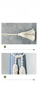 Macro detail of hand-woven cotton curtain tieback with bohemian rope and tassel style