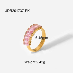 Detailed view of 18K gold plated ring featuring five pink rectangular zircon stones
