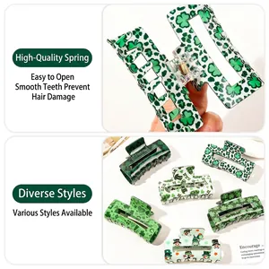 Saint Patrick's Day shamrock hair claw clip set with green leprechaun motifs