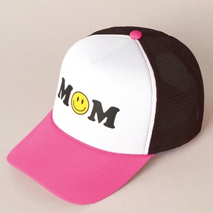 Three-color mesh trucker hat with MOM text and yellow smiley face in retro style