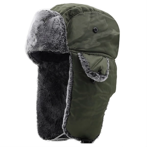 Winter windproof trapper hat in army green with grey faux fur lining and chin strap