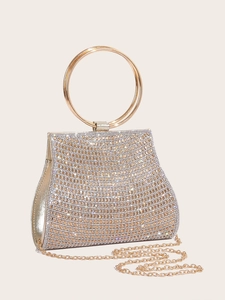 Elegant gold and silver rhinestone evening clutch with round metal handle and chain strap