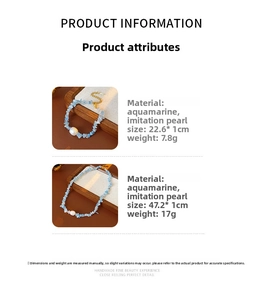 Detailed size specifications for aquamarine and pearl jewelry set with measurements