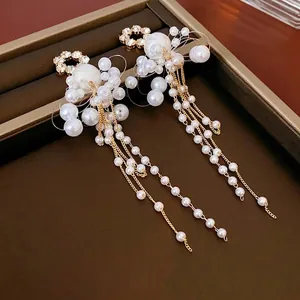 Flower Rhinestone Artificial Pearl Long Tassel Copper Earrings With 925 Sterling Silver Earring Post High End Fashion Jewelry