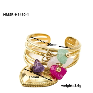 Detail view of gold heart ring with purple and green stone pendants and size specs