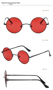 Three-angle display of retro round sunglasses with black metal frame and ocean red lenses