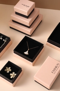 Macro view of luxury pink jewelry gift box with velvet insert for necklaces and earrings