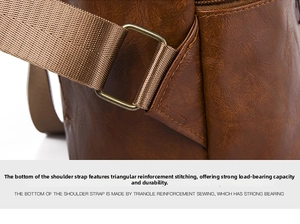 Detailaufnahme der Dreiecksverstärkung an den Trägern des braunen Lederrucksacks im Retro-Stil
