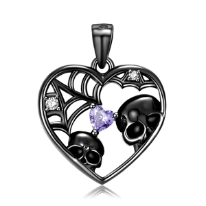 Gothic skull and spider web heart pendant in black metal with purple gemstone