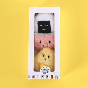 Plush catnip toys set with cartoon characters inside a white window display gift box