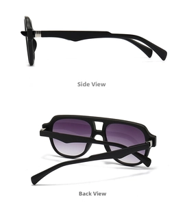 Detail view showing the side and back of black pilot sunglasses with metal temple accents