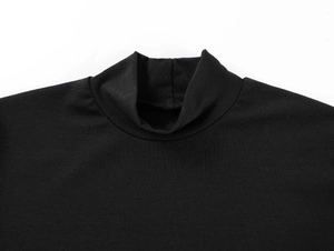 Detail shot of black mock neck collar showing the fine knitted texture and elastic fabric