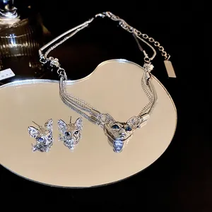 Sphynx Cat Head Necklace And Stud Earrings Jewelry Alloy With Silver Earring Post Blue Faux Gemstone Gothic Punk Style
