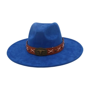 Ethnic style blue wide brim fedora with cattle head buckle band for sun protection