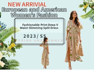Close-up of floral print maxi dress featuring a deep V-neck and high-slit design