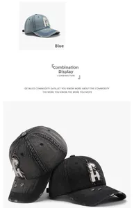 Detailed view of washed denim baseball cap featuring vintage letter A embroidery patch