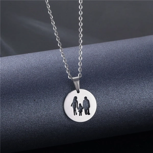 Silver stainless steel necklace with family forever round pendant and family silhouette