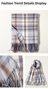 Detail view of woven check scarf texture with blue and orange fringe accents
