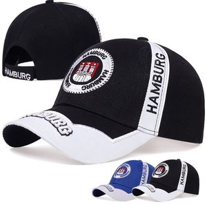 Detail view of cotton baseball cap with Hamburg shield embroidery and side lettering