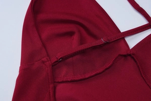 Detail of adjustable metal strap buckle on a wine red knitted bodycon dress texture