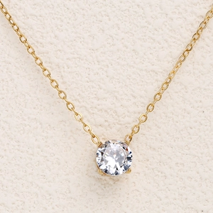 Classic 18K gold plated stainless steel necklace with round solitaire four-prong pendant