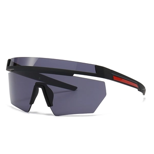 Oversize wrap-around sporty sunglasses with black frames and dark grey lenses for outdoor cycling