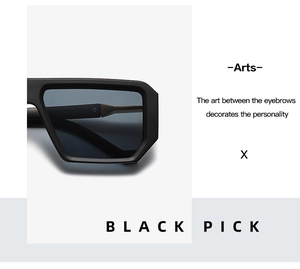 Detail of trendy square sunglasses with thick black matte frames and dark grey lenses