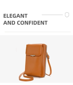 Detail of elegant crossbody phone bag with metal clasp and textured brown leather finish