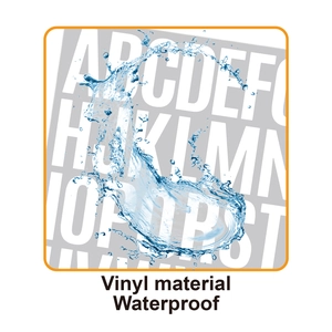 Waterproof vinyl alphabet sticker with clear water splash showing durable industrial surface