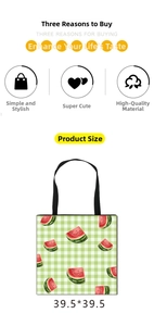 Detailed view of checkered watermelon tote bag dimensions measuring 39.5 by 39.5 cm