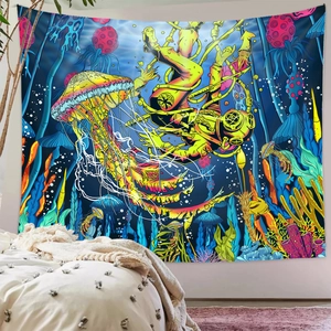 Psychedelic deep sea astronaut tapestry with glowing jellyfish for wall decoration