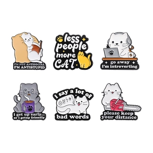Set of 6 funny cat enamel pins with antisocial introvert quotes on white background