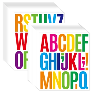 Close-up of stacked 3-inch colorful waterproof alphabet and number stickers in bright colors