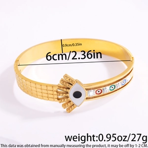 Detailed view of evil eye gold bangle with dimensions 6cm diameter and weight 27g