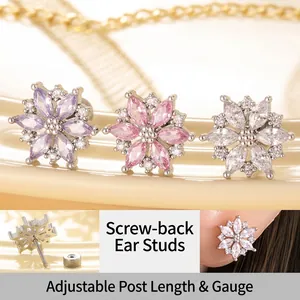 Zircon Flower Stud Earrings With Titanium Steel Screw Flat Back Labret Piercing Jewelry Minimalist For Women