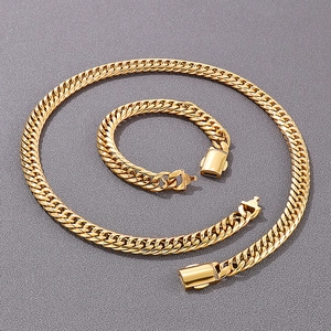 Polished gold-tone Cuban link chain necklace and bracelet set for a bold hip-hop look