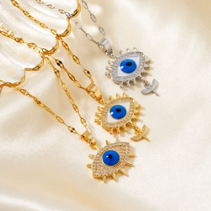 Luxury hip-hop evil eye pendant necklaces with blue zircon and gold plating