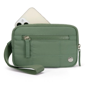 Detail view of green nylon pouch with metal zipper showing phone for size comparison