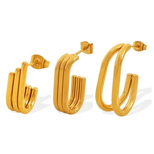 Three pairs of elegant gold multi-layered C-shaped earrings with minimalist geometric design
