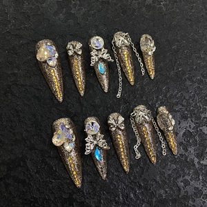 Handmade Champagne Gold Extra Long Stiletto Press On Nails Rhinestone Butterfly Decor Luxury False Nails For Women Party