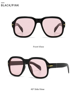 Flat top square sunglasses with black frame, pink lenses and gold metal arrows