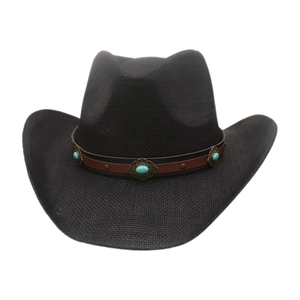 Ethnic western cowboy hat in black woven texture with turquoise beaded leather band
