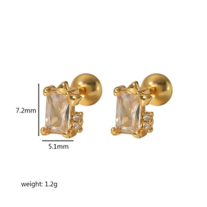 Macro detail of 18k gold plated stud earrings with 7.2mm x 5.1mm dimension info
