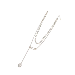 Double-layer silver stainless steel necklace with pin and Luck letter round pendant