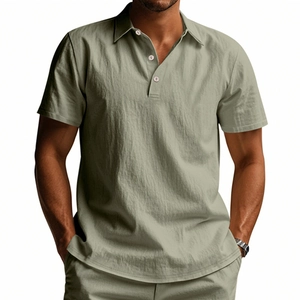 Macro detail of breathable linen polo shirt texture and three-button collar in sage green