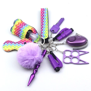 Macro detail of purple self-defense keychain set with alarm and wristlet strap