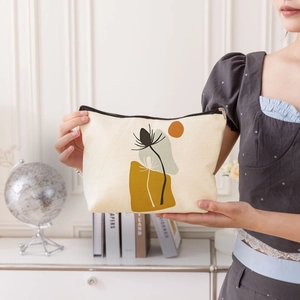 Abstract Print Linen Makeup Bag Zippered Portable Cosmetic Pouch Travel Wash Bag Nordic Minimalist Storage Organizer